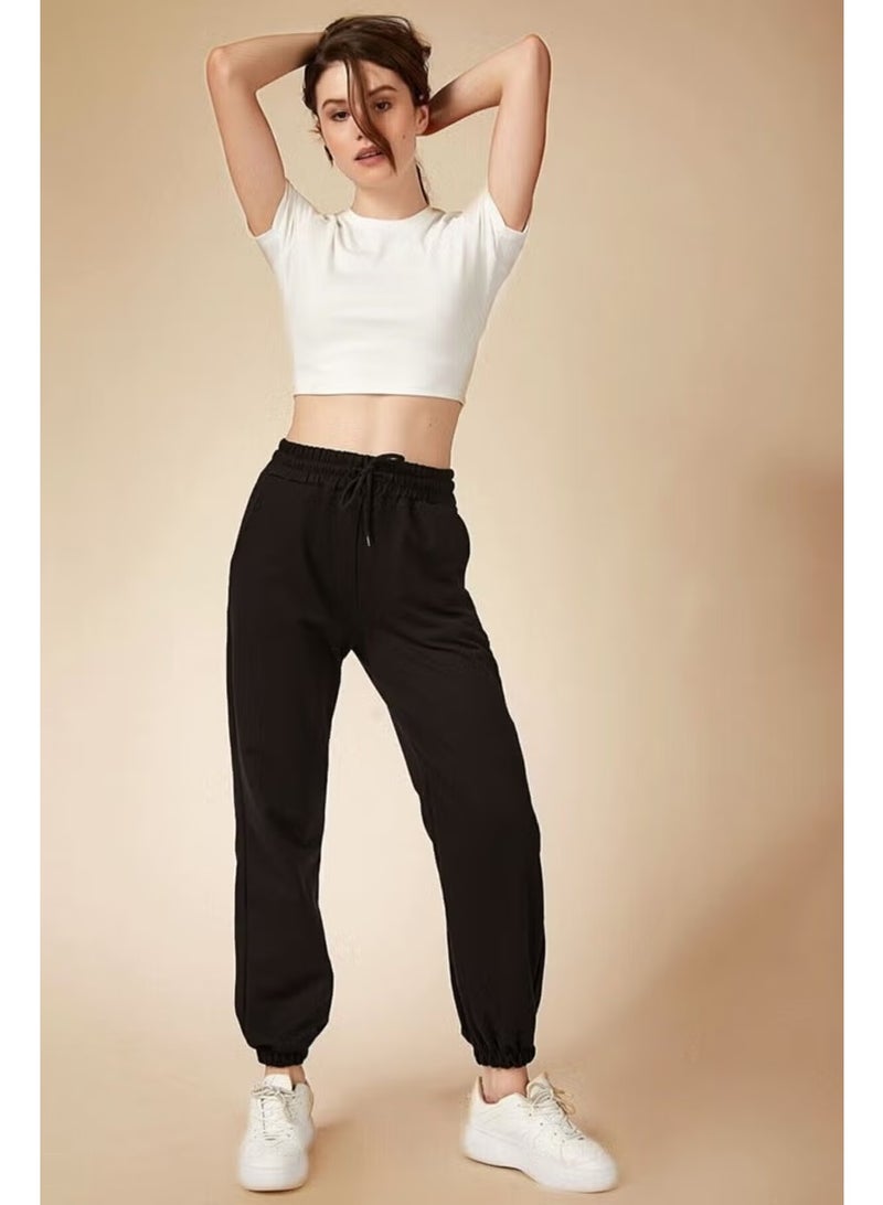 Feville Women's Black Pocketed Sweatpants Jogger - Image 2